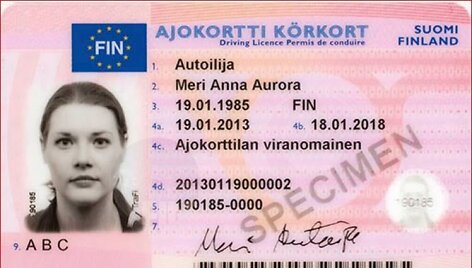 Asociatyvioje iliustracijoje &ndash; Suomijos vairuotojo pažymėjimo pavyzdys.
