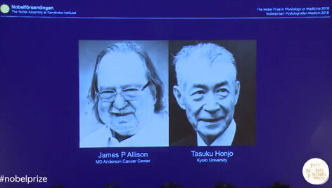 Nobelio fiziologijos ir medicinos premijos laureatai Jamesas P. Ellisonas ir Tasuku Honjo