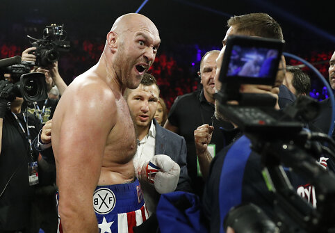 Tysonas Fury ir Tomas Schwarzas bei jų dvikova Las Vegase.