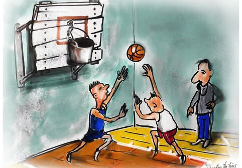 Karikatūromis pažvelgta į vis dar aktualią Lietuvos problemą – padėtį mokyklų sporto salėse.