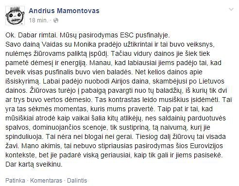 Andriaus Mamontovo įrašas feisbuke