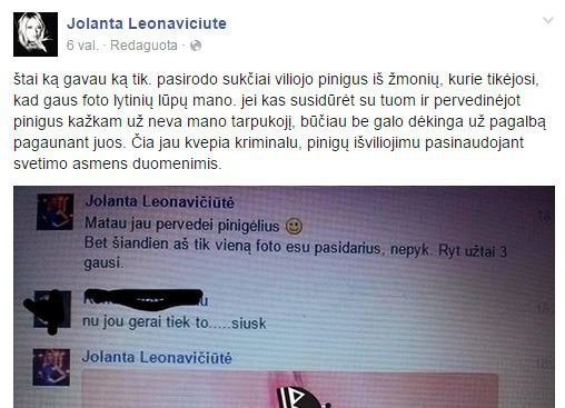 Jolantos Leonavičiūtės įrašas feisbuke