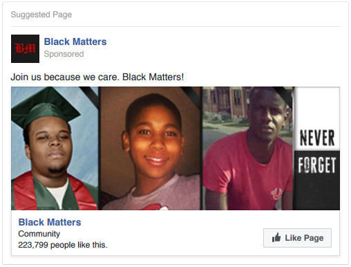 „Facebook“ nuotr./Šiuo skelbimu taikytasi į afroamerikiečių teisių gynėjus