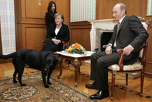 kremlin.ru nuotr./Į pirmąjį susitikimą su A.Merkel, V.Putinas atsivedė savo kalę Koni.