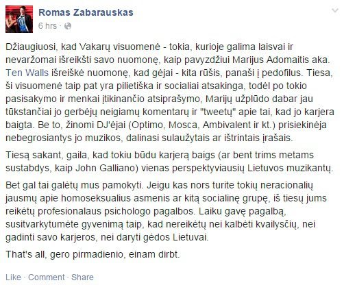 Romo Zabarausko pasisakymas feisbuke