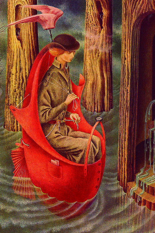 Remedios Varo paveikslas TYRINĖJANT ORINOKO UPĖS AUKŠTUPĮ. 1959