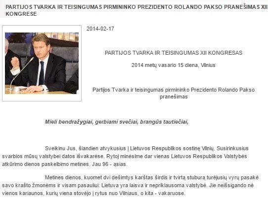 15min nuotr./Rolando Pakso kalba iš partijos kongreso – vieninitelis įrašas „tvarkiečių“ svetainėje, susijęs su 2014 m. vasario 15-17 d. renginiais