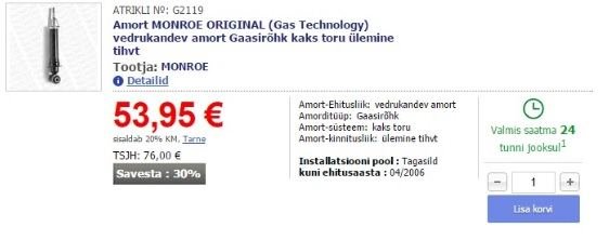 „Toyota Avensis“ automobilio užpakalinio amortizatoriaus kaina Estijoje