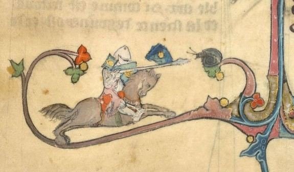 Britų bibliotekos pav./Riterio, kovojančio su sraige, piešinys iš 1315-1325 m knygos