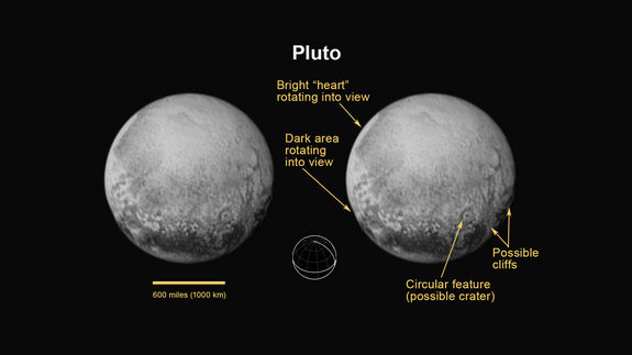 NASA/New Horizons nuotr./Liepos 11 d. kadruose matoma kita Plutono pusė: regimojo disko apačioje, virš keturių tamsių dėmių matomas galimas krateris ir galimi kanjonai. Kadre nematyti Širdies ir Banginio, kurie artimiausiomis dienomis turėtų atsisukti į zondo objektyvą.