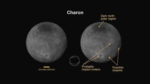 NASA/New Horizons nuotr./Charonas liepos 12 d. kadruose: tamsi dėmė šiauriniame ašigalyje, galimas krateris ir galimi paviršiaus plyšiai (kanjonai) 