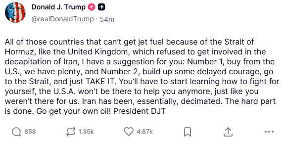 Ekrano nuotrauka/Donaldo Trumpo įrašas „Truth Social“
