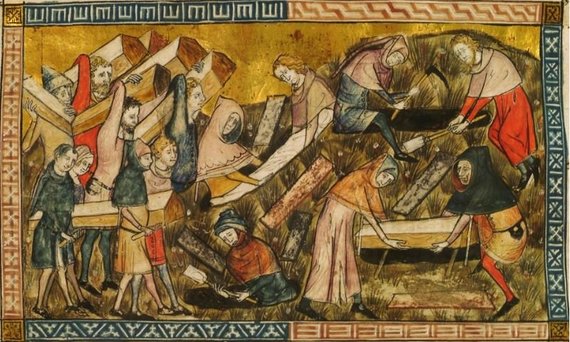 Wikipedia.org photo / Tourniers bury plague victims - a miniature by Pierarto dou Tielto (c. 1353)