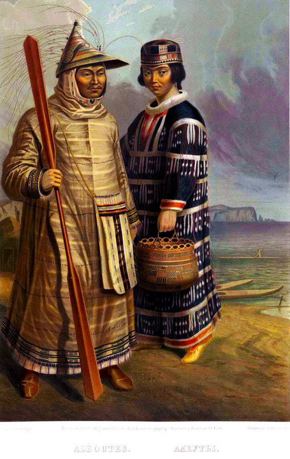 Wikipedia.org nuotr./Aleutai tradiciniais rūbais. 1862 m. pieš.