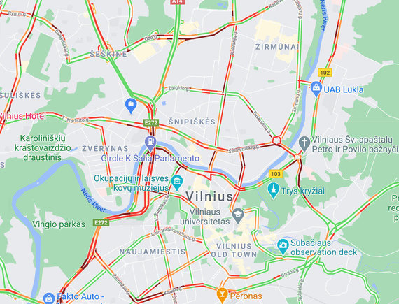 Tuesday traffic jams in Vilnius according to Google Maps