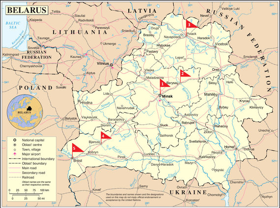 Map of Belarus with REK units marked.  (1 - REK General Staff (Minsk), 2 - 244 REK Intelligence Center, 10 REK-N Battalion (Barysaw), 3 - 228 REK Regiment (Polotsk), 4 - 1 6 REK Regiment (Biaroza), 5 - 48 REK -N Battalion (Brest)