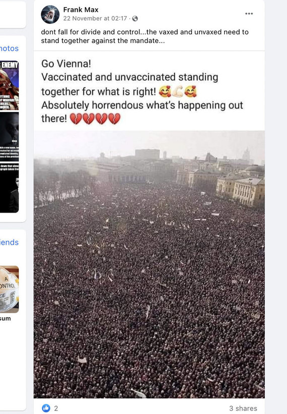 Ekrano nuotr. iš „Facebook“/Archyvinė nuotrauka pateikiama kaip austrų protesto prieš ribojimus dėl COVID-19