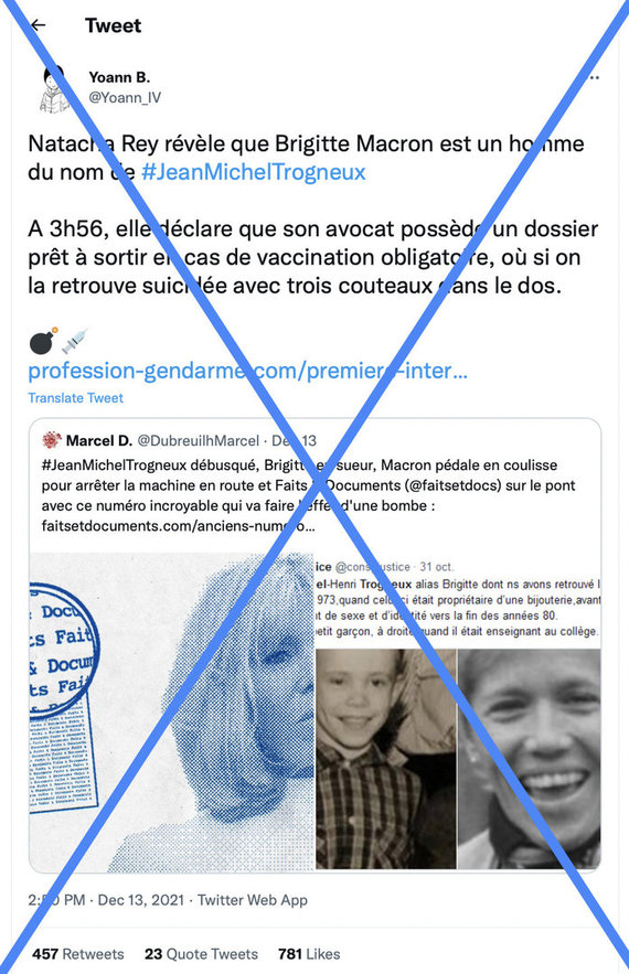 Screenshot  from Twitter / Social media spreads lying that Brigitte Macro was born a man