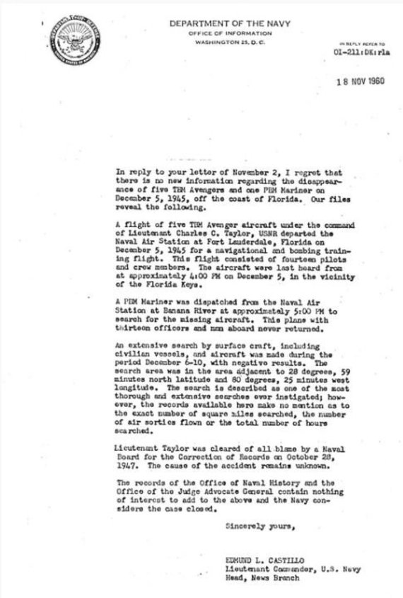 NAS Fort Lauderdale Museum Photo / Document Announcing Completion of Flight 19 Disappearance Case