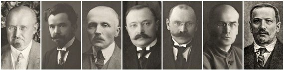 Photo collage from: Central State Archive of Lithuania, M. K. Čiurlionis National Museum of Art, Lithuanian album, 1921. / The Small Seimas consisted of seven members. From the right: Aleksandras Stulginskis, Mykolas Krupavičius, Antanas Tumėnas, Mykolas Sleževičius, Vladas Lašas, Kazimieras Venclauskis, Naftalis Fridmanas