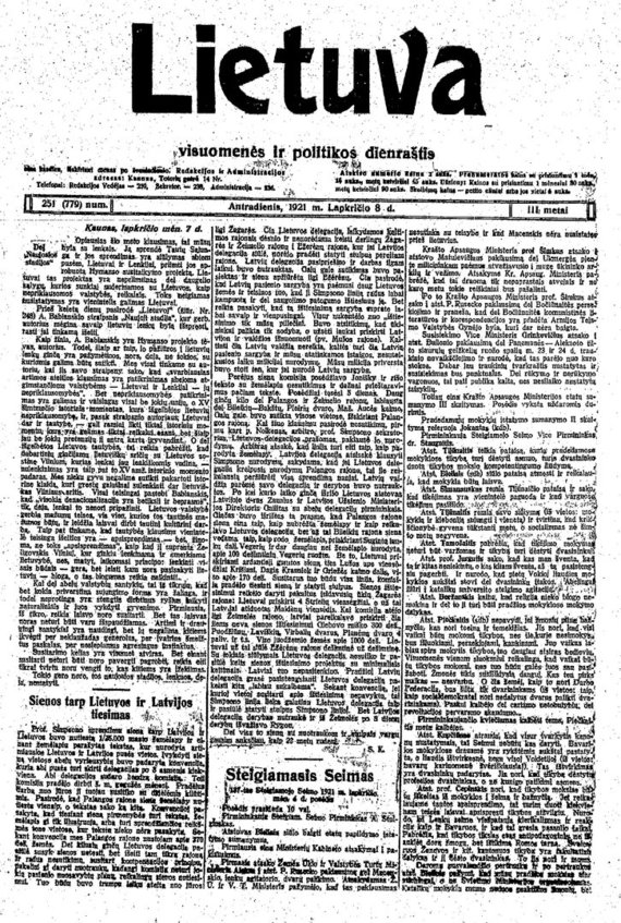Dėl ,,Naujosios stadijos“. Lietuva. 1921 m. lapkričio 8 d., p. 1.