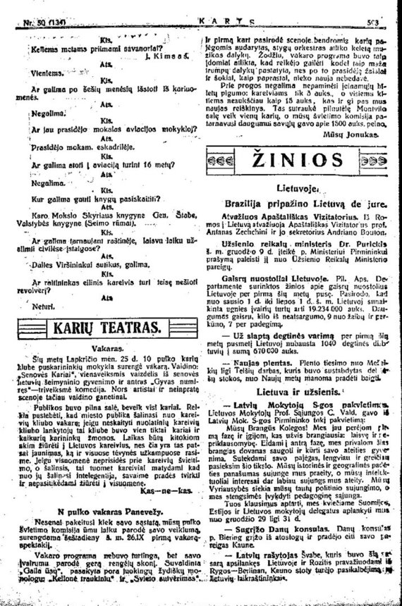 Knowledge in Lithuania.  Karys.  1921  December 15  593