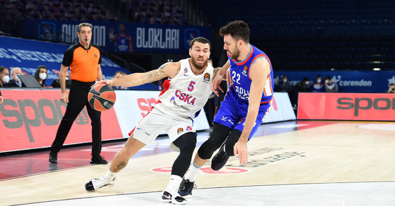 Photo from Getty Images / Euroleague.net / Mike James (left) against Vasily Micici