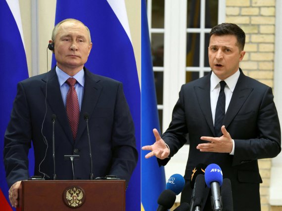 AFP / „Scanpix“ nuotr./Vladimiras Putinas ir Volodymyras Zelenskis