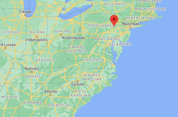 Google Maps pav./Mahanojaus vieta, pažymėta JAV žemėlapyje