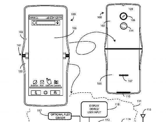 USPTO.gov iliustr./„Motorola“ patente pavaizduotas vertikaliai perlenkiamo išmaniojo telefono dizainas