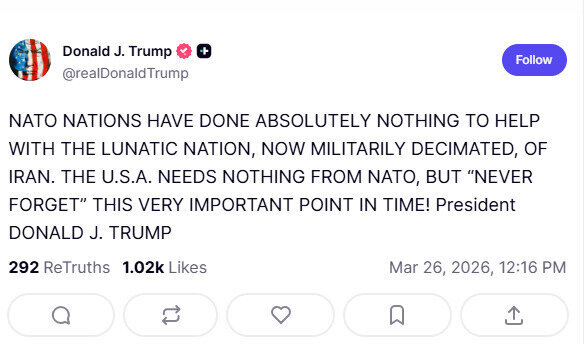 Ekrano nuotrauka/Donaldo Trumpo įrašas „Truth Social“