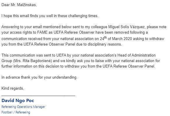 UEFA laiškas P.Malžinskui