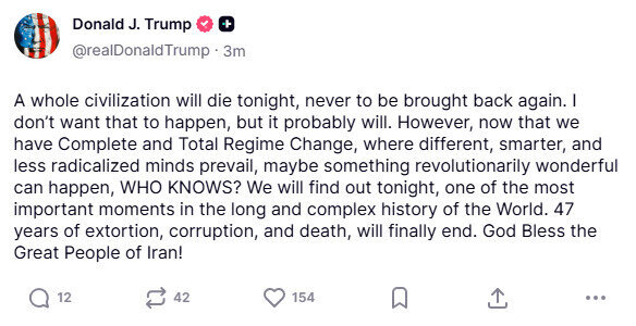 Ekrano nuotrauka/Donaldo Trumpo įrašas „Truth Social“