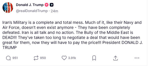 Ekrano nuotrauka/Donaldo Trumpo įrašas „Truth Social“