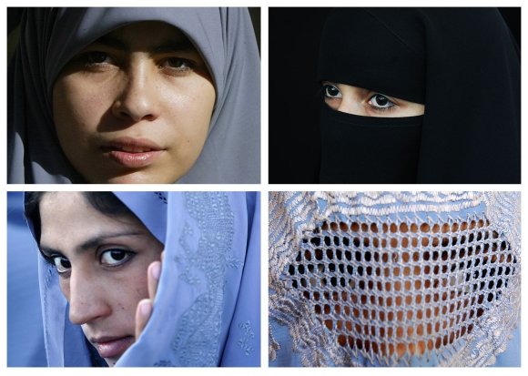 AFP/„Scanpix“ nuotr./Musulmonių apdarai: hidžabas (kairėje viršuje), nikabas (dešinėje viršuje), čadra (kairėje apačioje) ir burka