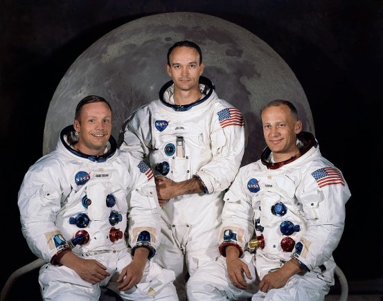 NASA nuotr./Pagrindinis „Apollo 11“ ekipažas. Iš kairės: vadas Neilas Armstrongas, komandinio modulio pilotas Michaelas Collinsas ir Mėnulio modulio pilotas Edwinas „Buzzas“ Aldrinas