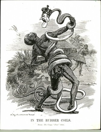 Wikimedia Commons / Public Domain pav./1906 m. karikatūra, vaizduojanti karalių Leopoldą kaip gyvatę, apsirangiusią aplink Kongo gyventoją