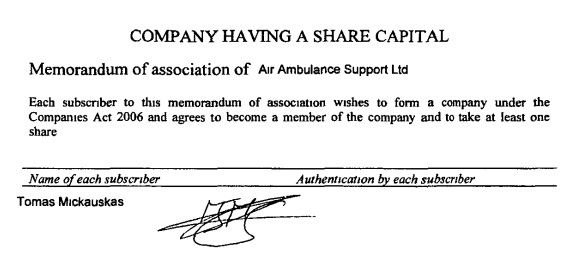 15min nuotr./Air Ambulance Support Community Interest Company steigimo dokumento ištrauka