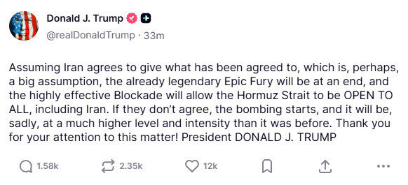 Ekrano nuotrauka/Donaldo Trumpo įrašas „Truth Social“