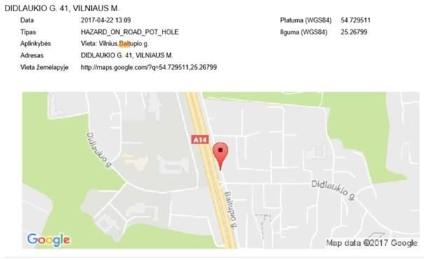 „Google Maps“ pranešimas apie duobes