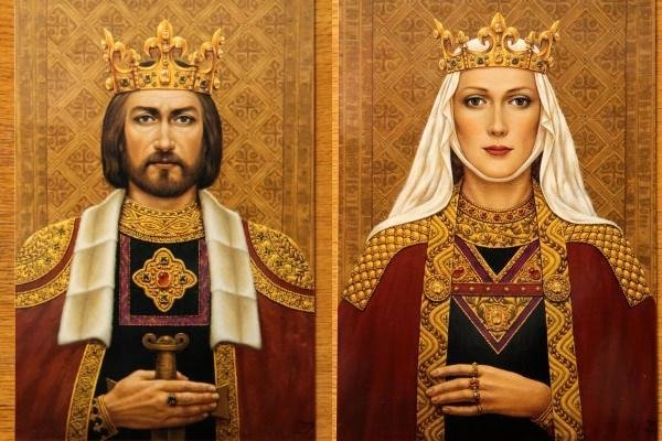 Dailininkės Janinos Malinauskaitės tapyba/Karalius Mindaugas ir jo žmona Morta. Mortą žinome geriau negu Plikienę, bet ji paminėta vėliau