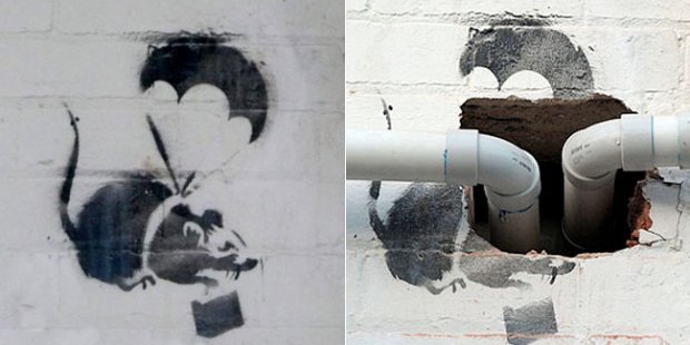 Flikr.com nuotr.Grafiti menininko /Banksy darbas „Žiurkė su parašiutu“ 