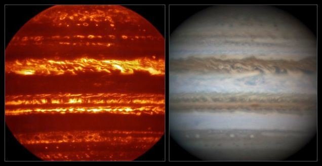 ESA/NASA nuotr./Jupiterio atmosfera infraraudonųjų spindulių (kairėje) ir regimojo spektro spindulių (dešinėje) diapazone 