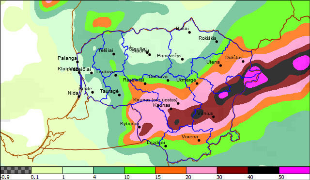 Lietuvos hidrometeorologijos tarnybos nuotr./Prognozuojamas kritulių kiekis