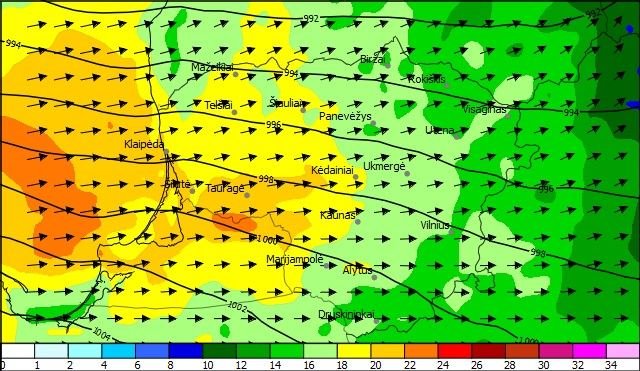 Lietuvos hidrometeorologijos tarnybos nuotr./Vėjo greičio prognozė kovo 11 d. 18 val.