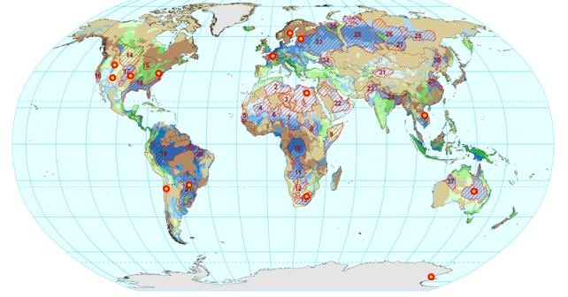 VU naujienų iliustr./ATTA metodu atliktų požeminio vandens datavimų vietų išsidėstymas per pasaulio kontinentus