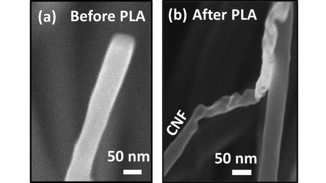 (a) yra anglies nanopluoštas iki apšaudymo lazerio impulsais, o (b) – nanopluoštas po apšaudymo lazerio impulsais ir jo virtimas deimanto nanopluoštu ©NCSU