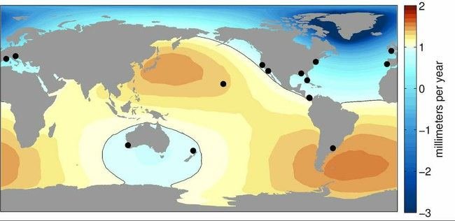 University of Hawaii/NASA-JPL/Caltech/Juodi taškai rodo geriausių istorinių duomenų apie jūros lygį ėmimo vietas kuriose nepakankamai įvertintas globalus vidutinis jūros lygio kilimas 