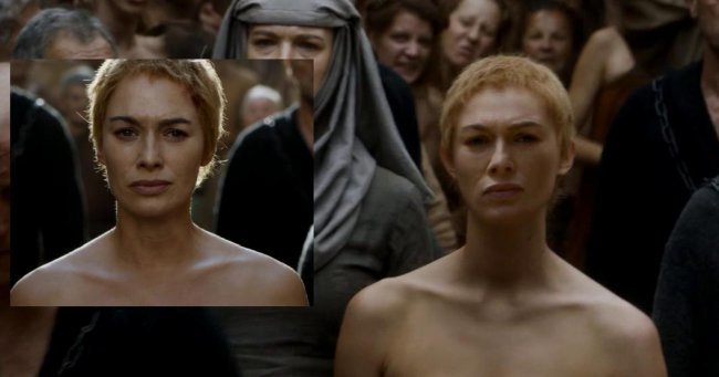 HBO/Uproxx nuotr./„Sostų karai“: karalienė Cersei Lannister (akt. Lena Headey ir jos dublerė (dešinėje)