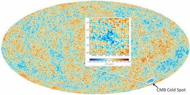 Durhamo universiteto iliustr./"Planck" zondo sudarytame Visatos mikrobangų žemėlapyje matomas regionas, kuriame temperatūra yra neįprastai žema
